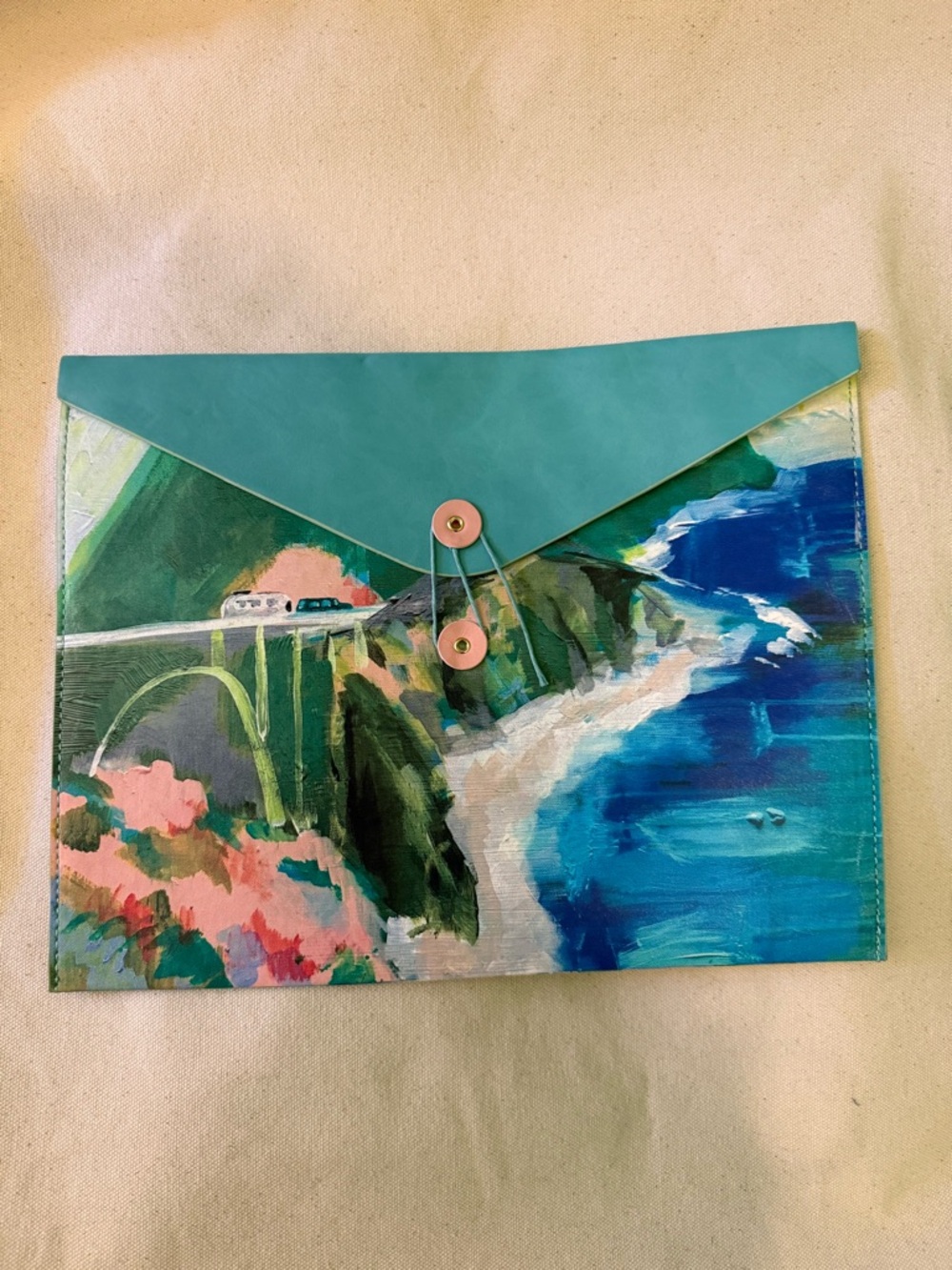Anthropologie Turquoise & Blue Coastal Canvas Envelope Bag